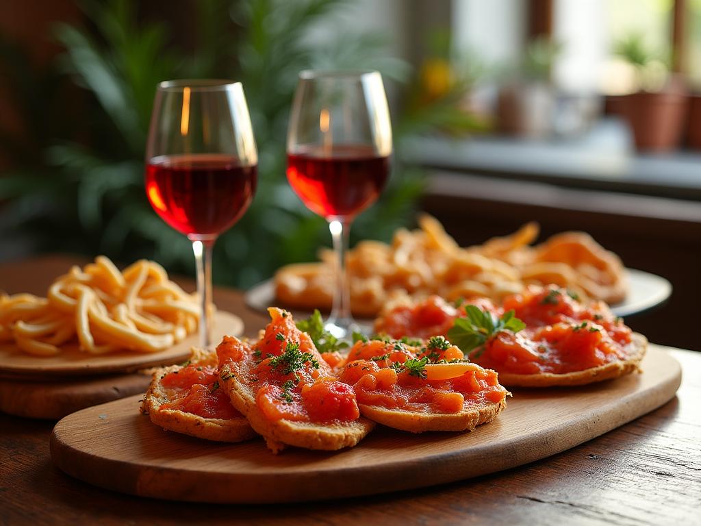 Mesa llena de tapas tradicionales madrileñas con vino local